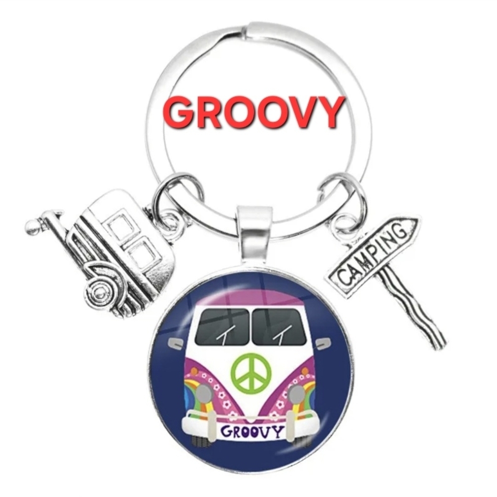 Keychain Retro Van Peace Sign Blue Red Yellow - Picture 7 of 14